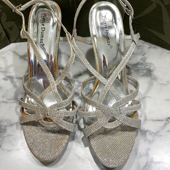 EUC~Pierre Dumas  ~silver sparkle strappy heels ~sz 9 - Picture 1 of 9
